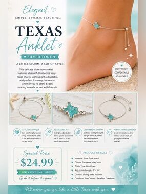 Turquoise Texas Anklet - Silver Tone Adjustable Anklet
